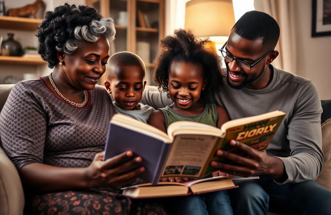 Black family reading and learning together at home