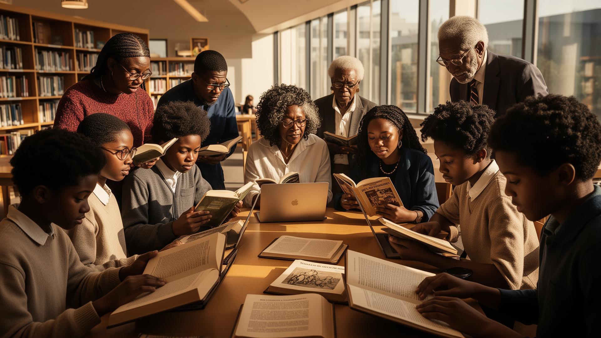 Intergenerational gathering of Black students, educators, and elders reading and learning together in a sunlit library